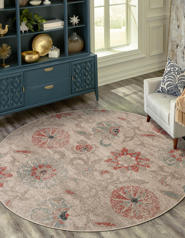 Beige 4' 1 x 4' 1 Outdoor Botanical Round Area Rug Weather Resistant for Patio, Deck, Terrace, Balcony, Porch Polypropylene Garden Floral Tropical Carpet for Sale at Rug Engine