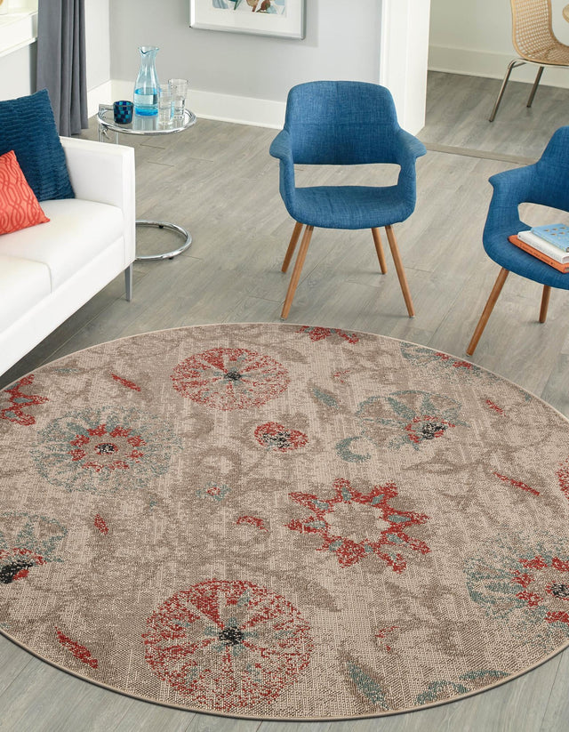 Beige 7' 10 x 7' 10 Outdoor Botanical Round Area Rug Weather Resistant for Patio, Deck, Terrace, Balcony, Porch Polypropylene Garden Floral Tropical Carpet for Sale at Rug Engine