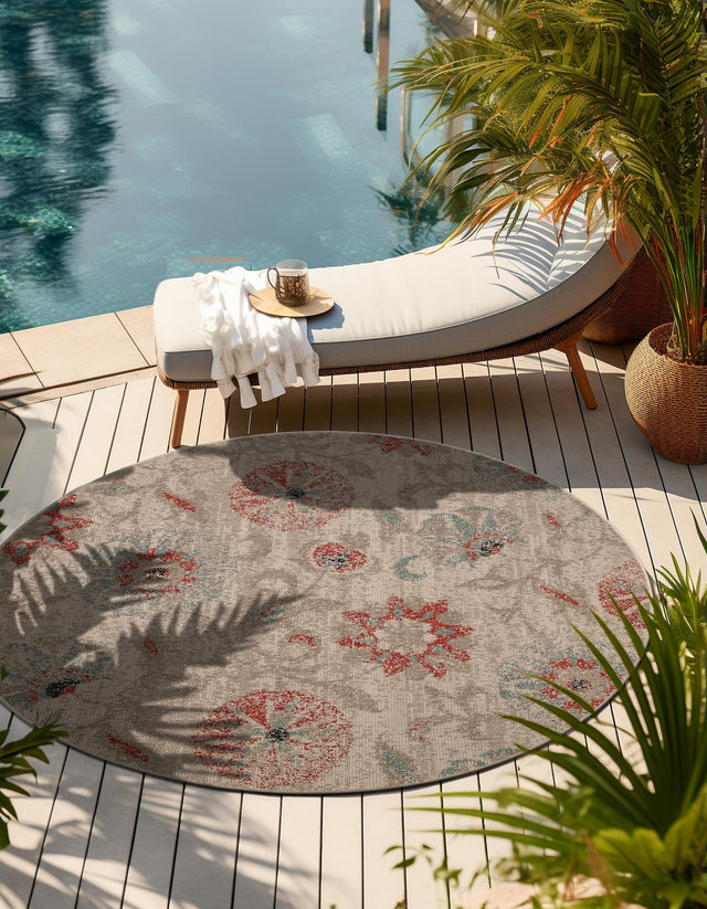 Beige 3' 1 x 3' 1 Outdoor Botanical Round Area Rug Weather Resistant for Patio, Deck, Terrace, Balcony, Porch Polypropylene Garden Floral Tropical Carpet for Sale at Rug Engine