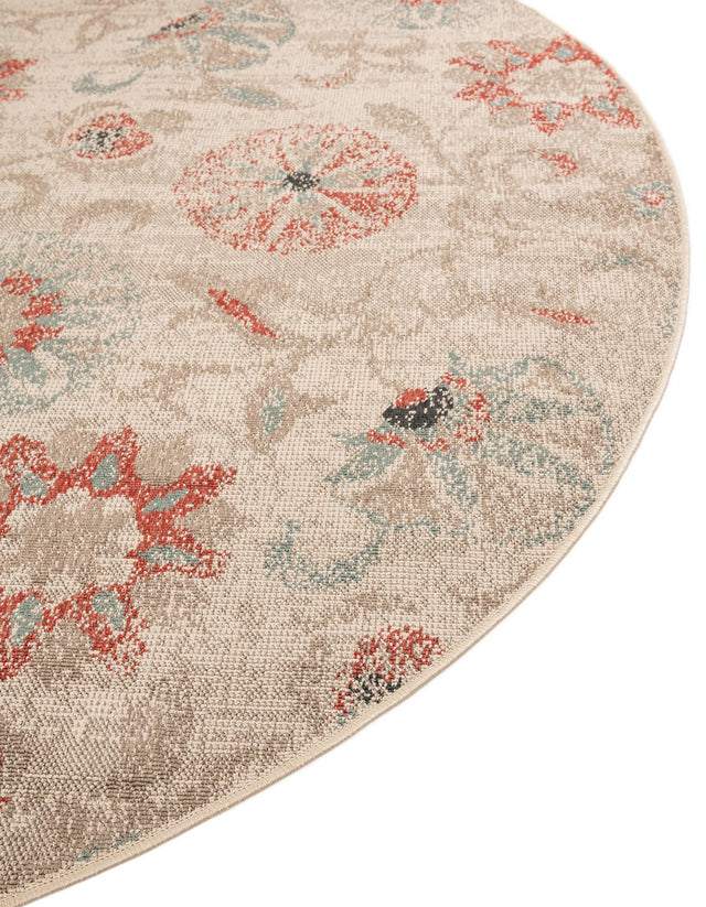 Beige 4' 1 x 4' 1 Outdoor Botanical Round Area Rug Weather Resistant for Patio, Deck, Terrace, Balcony, Porch Polypropylene Garden Floral Tropical Carpet for Sale at Rug Engine