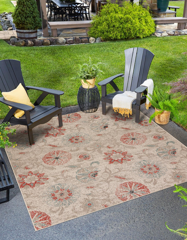 Beige 7' 10 x 7' 10 Outdoor Botanical Square Area Rug Weather Resistant for Patio, Deck, Terrace, Balcony, Porch Polypropylene Garden Floral Tropical Carpet for Sale at Rug Engine