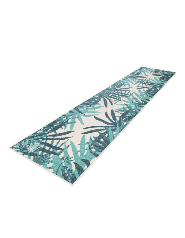 Teal blue 2' 7 x 12' Outdoor Botanical Runner Area Rug Weather Resistant for Patio, Deck, Terrace, Balcony, Porch Polypropylene Garden Floral Tropical Carpet for Sale at Rug Engine