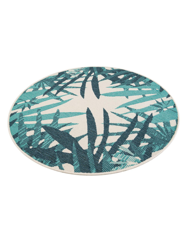 Teal blue 4' 1 x 4' 1 Outdoor Botanical Round Area Rug Weather Resistant for Patio, Deck, Terrace, Balcony, Porch Polypropylene Garden Floral Tropical Carpet for Sale at Rug Engine