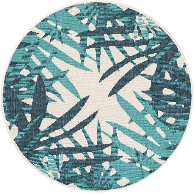 Teal blue 4' 1 x 4' 1 Outdoor Botanical Round Area Rug Weather Resistant for Patio, Deck, Terrace, Balcony, Porch Polypropylene Garden Floral Tropical Carpet for Sale at Rug Engine