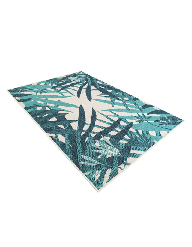 Teal blue 4' 1 x 6' 1 Outdoor Botanical Rectangle Area Rug Weather Resistant for Patio, Deck, Terrace, Balcony, Porch Polypropylene Garden Floral Tropical Carpet for Sale at Rug Engine