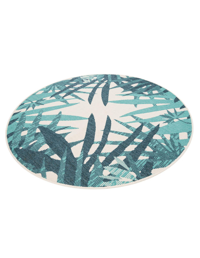 Teal blue 5' 1 x 5' 1 Outdoor Botanical Round Area Rug Weather Resistant for Patio, Deck, Terrace, Balcony, Porch Polypropylene Garden Floral Tropical Carpet for Sale at Rug Engine
