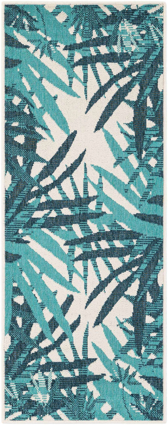 Teal blue 2' x 5' 1 Outdoor Botanical Runner Area Rug Weather Resistant for Patio, Deck, Terrace, Balcony, Porch Polypropylene Garden Floral Tropical Carpet for Sale at Rug Engine