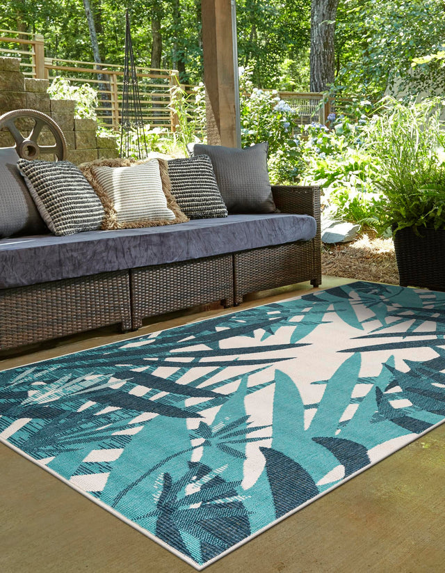 Teal blue 7' 10 x 10' Outdoor Botanical Rectangle Area Rug Weather Resistant for Patio, Deck, Terrace, Balcony, Porch Polypropylene Garden Floral Tropical Carpet for Sale at Rug Engine