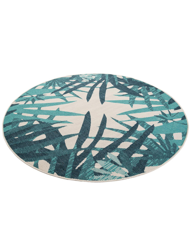 Teal blue 6' 1 x 6' 1 Outdoor Botanical Round Area Rug Weather Resistant for Patio, Deck, Terrace, Balcony, Porch Polypropylene Garden Floral Tropical Carpet for Sale at Rug Engine