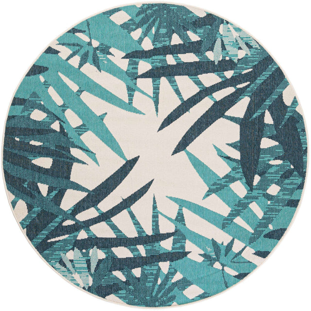 Teal blue 6' 1 x 6' 1 Outdoor Botanical Round Area Rug Weather Resistant for Patio, Deck, Terrace, Balcony, Porch Polypropylene Garden Floral Tropical Carpet for Sale at Rug Engine