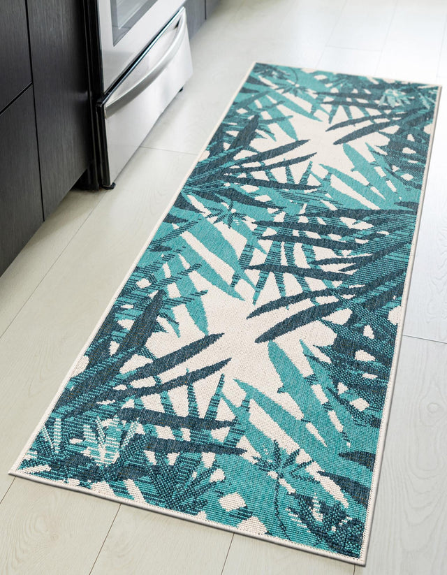 Teal blue 2' x 5' 1 Outdoor Botanical Runner Area Rug Weather Resistant for Patio, Deck, Terrace, Balcony, Porch Polypropylene Garden Floral Tropical Carpet for Sale at Rug Engine