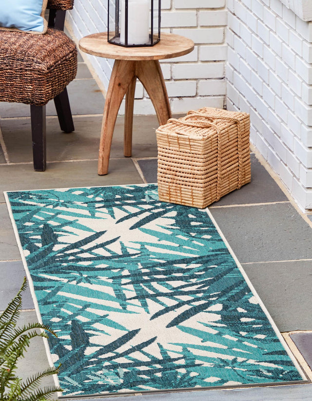 Teal blue 2' 7 x 10' Outdoor Botanical Runner Area Rug Weather Resistant for Patio, Deck, Terrace, Balcony, Porch Polypropylene Garden Floral Tropical Carpet for Sale at Rug Engine