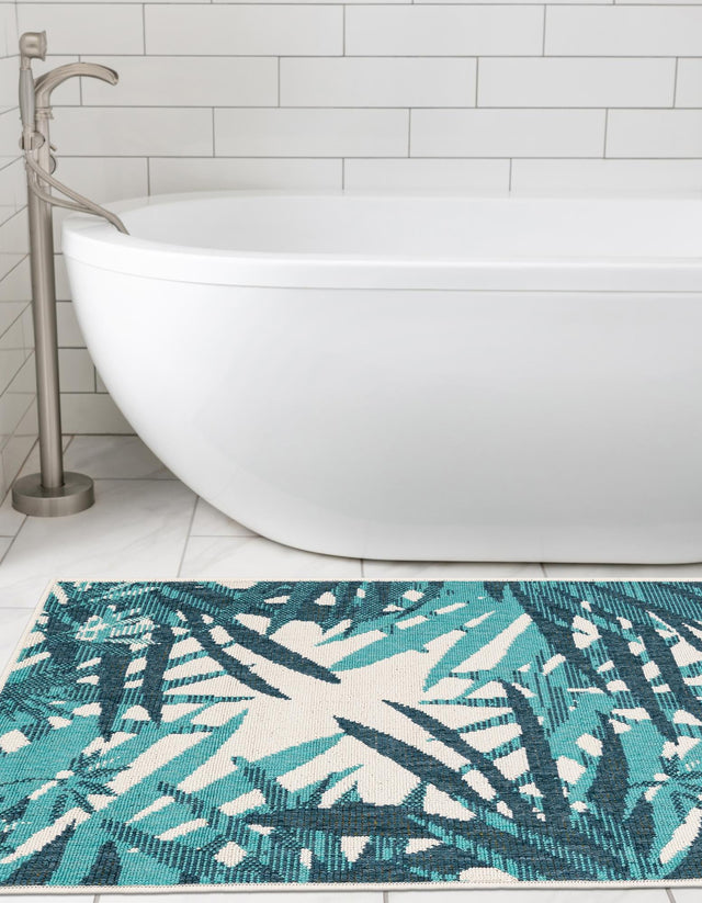 Teal blue 2' 7 x 12' Outdoor Botanical Runner Area Rug Weather Resistant for Patio, Deck, Terrace, Balcony, Porch Polypropylene Garden Floral Tropical Carpet for Sale at Rug Engine