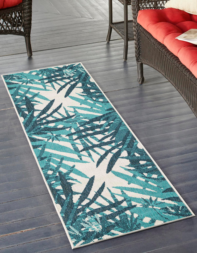 Teal blue 2' x 8' Outdoor Botanical Runner Area Rug Weather Resistant for Patio, Deck, Terrace, Balcony, Porch Polypropylene Garden Floral Tropical Carpet for Sale at Rug Engine