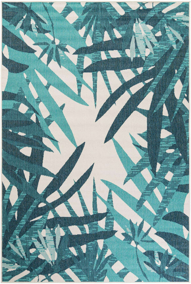 Teal blue 6' 1 x 9' Outdoor Botanical Rectangle Area Rug Weather Resistant for Patio, Deck, Terrace, Balcony, Porch Polypropylene Garden Floral Tropical Carpet for Sale at Rug Engine