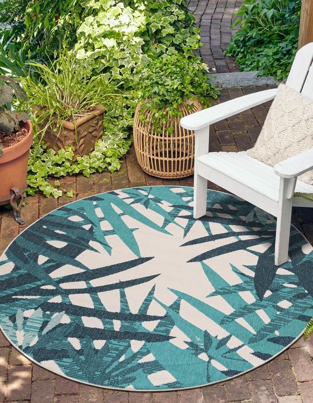 Teal blue 4' 1 x 4' 1 Outdoor Botanical Round Area Rug Weather Resistant for Patio, Deck, Terrace, Balcony, Porch Polypropylene Garden Floral Tropical Carpet for Sale at Rug Engine