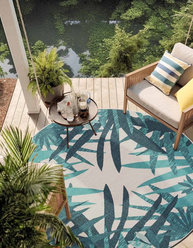 Teal blue 5' 1 x 5' 1 Outdoor Botanical Round Area Rug Weather Resistant for Patio, Deck, Terrace, Balcony, Porch Polypropylene Garden Floral Tropical Carpet for Sale at Rug Engine