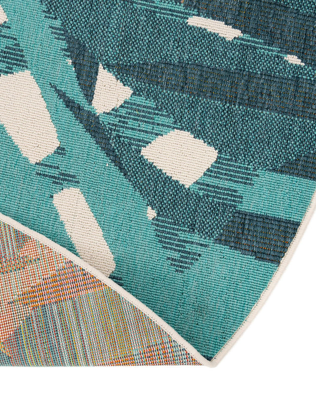 Teal blue 6' 1 x 6' 1 Outdoor Botanical Round Area Rug Weather Resistant for Patio, Deck, Terrace, Balcony, Porch Polypropylene Garden Floral Tropical Carpet for Sale at Rug Engine