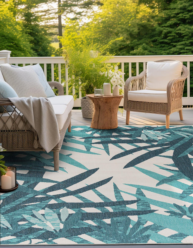 Teal blue 7' 10 x 7' 10 Outdoor Botanical Square Area Rug Weather Resistant for Patio, Deck, Terrace, Balcony, Porch Polypropylene Garden Floral Tropical Carpet for Sale at Rug Engine