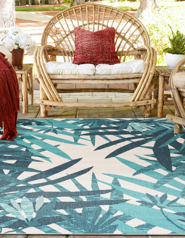 Teal blue 7' 10 x 7' 10 Outdoor Botanical Square Area Rug Weather Resistant for Patio, Deck, Terrace, Balcony, Porch Polypropylene Garden Floral Tropical Carpet for Sale at Rug Engine