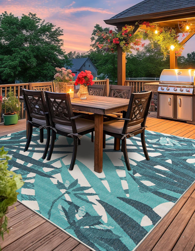 Teal blue 7' 10 x 7' 10 Outdoor Botanical Square Area Rug Weather Resistant for Patio, Deck, Terrace, Balcony, Porch Polypropylene Garden Floral Tropical Carpet for Sale at Rug Engine
