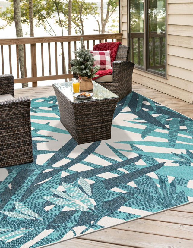 Teal blue 7' 10 x 7' 10 Outdoor Botanical Square Area Rug Weather Resistant for Patio, Deck, Terrace, Balcony, Porch Polypropylene Garden Floral Tropical Carpet for Sale at Rug Engine