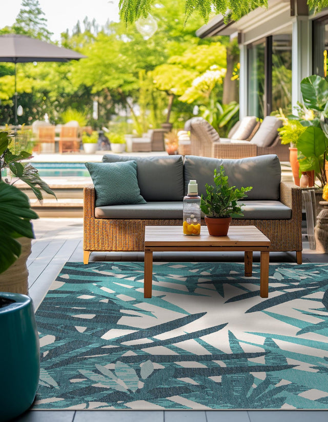 Teal blue 7' 10 x 7' 10 Outdoor Botanical Square Area Rug Weather Resistant for Patio, Deck, Terrace, Balcony, Porch Polypropylene Garden Floral Tropical Carpet for Sale at Rug Engine
