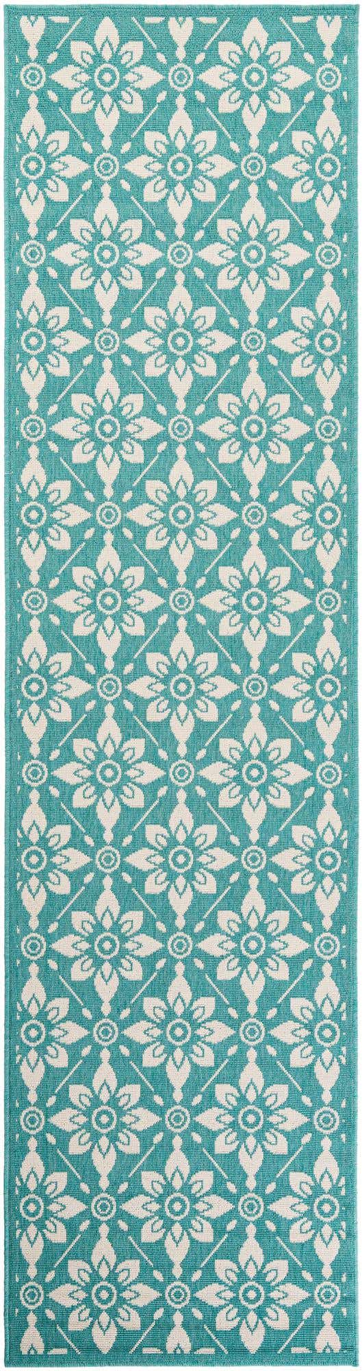 Teal 2' 7 x 10' Outdoor Trellis Runner Area Rug Weather Resistant for Patio, Deck, Terrace, Balcony, Porch Geometric Design Water Safe Outside Carpet for Sale at Rug Engine