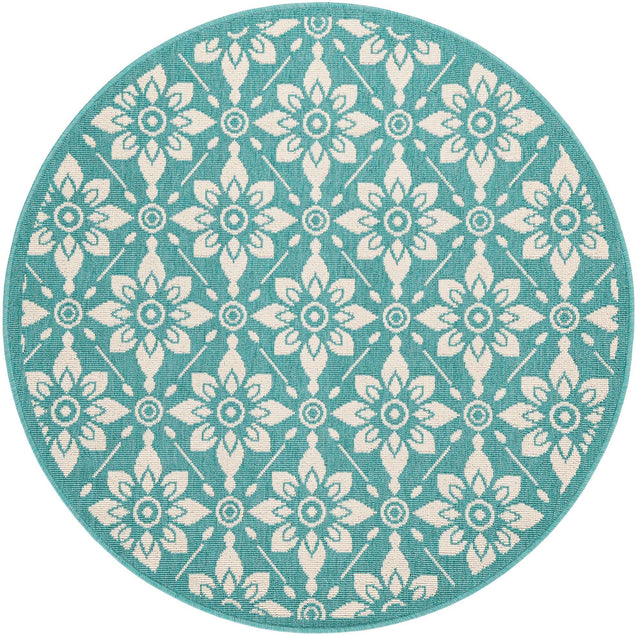 Teal 4' 1 x 4' 1 Outdoor Trellis Round Area Rug Weather Resistant for Patio, Deck, Terrace, Balcony, Porch Geometric Design Water Safe Outside Carpet for Sale at Rug Engine