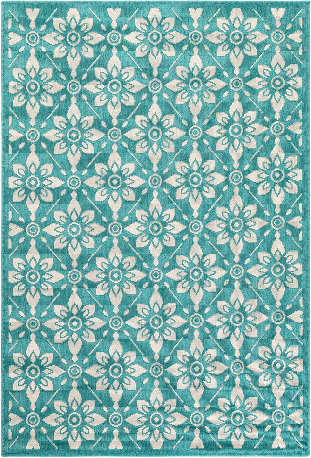Teal 4' 1 x 6' 1 Outdoor Trellis Rectangle Area Rug Weather Resistant for Patio, Deck, Terrace, Balcony, Porch Geometric Design Water Safe Outside Carpet for Sale at Rug Engine