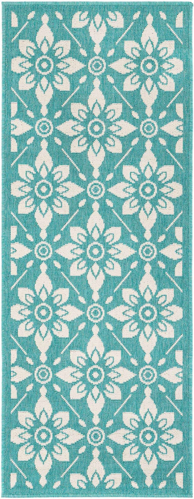 Teal 2' x 5' 1 Outdoor Trellis Runner Area Rug Weather Resistant for Patio, Deck, Terrace, Balcony, Porch Geometric Design Water Safe Outside Carpet for Sale at Rug Engine