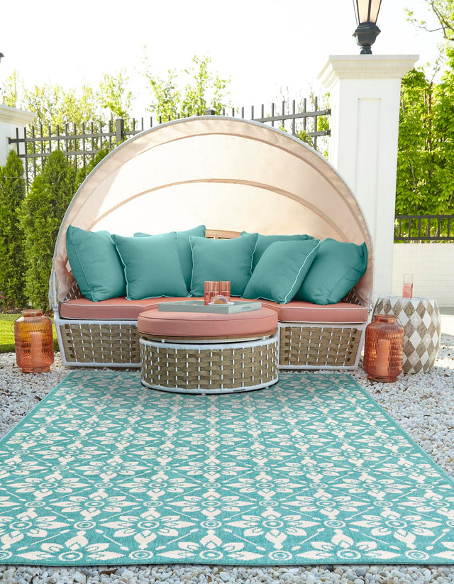 Teal 9' x 12' Outdoor Trellis Rectangle Area Rug Weather Resistant for Patio, Deck, Terrace, Balcony, Porch Geometric Design Water Safe Outside Carpet for Sale at Rug Engine