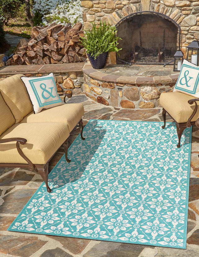 Teal 5' 1 x 8' Outdoor Trellis Rectangle Area Rug Weather Resistant for Patio, Deck, Terrace, Balcony, Porch Geometric Design Water Safe Outside Carpet for Sale at Rug Engine