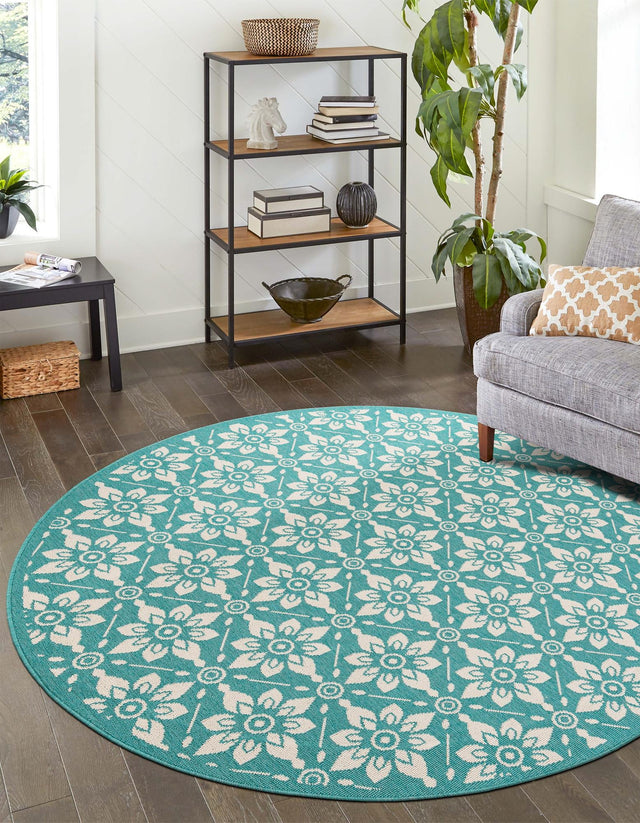Teal 7' 10 x 7' 10 Outdoor Trellis Round Area Rug Weather Resistant for Patio, Deck, Terrace, Balcony, Porch Geometric Design Water Safe Outside Carpet for Sale at Rug Engine