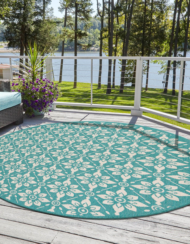 Teal 7' 10 x 7' 10 Outdoor Trellis Round Area Rug Weather Resistant for Patio, Deck, Terrace, Balcony, Porch Geometric Design Water Safe Outside Carpet for Sale at Rug Engine