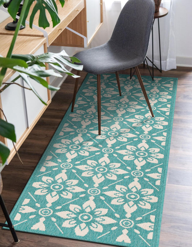 Teal 2' 7 x 10' Outdoor Trellis Runner Area Rug Weather Resistant for Patio, Deck, Terrace, Balcony, Porch Geometric Design Water Safe Outside Carpet for Sale at Rug Engine