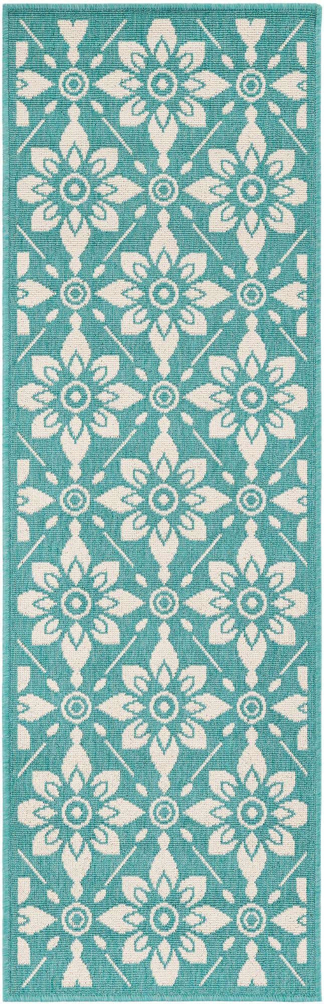 Teal 2' x 6' 1 Outdoor Trellis Runner Area Rug Weather Resistant for Patio, Deck, Terrace, Balcony, Porch Geometric Design Water Safe Outside Carpet for Sale at Rug Engine