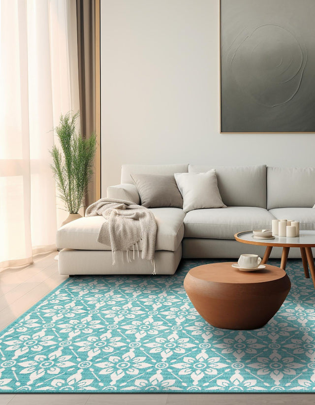 Teal 7' 10 x 7' 10 Outdoor Trellis Square Area Rug Weather Resistant for Patio, Deck, Terrace, Balcony, Porch Geometric Design Water Safe Outside Carpet for Sale at Rug Engine