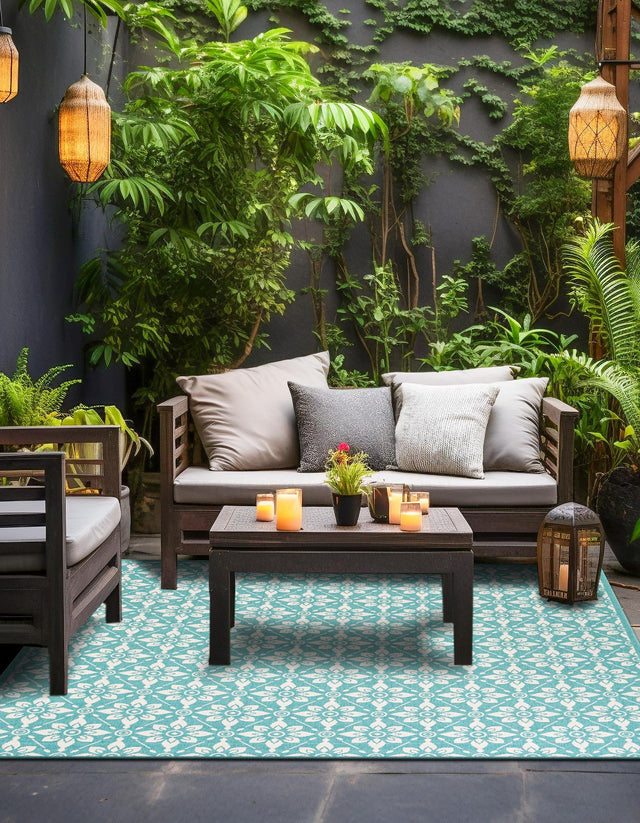 Teal 7' 10 x 7' 10 Outdoor Trellis Square Area Rug Weather Resistant for Patio, Deck, Terrace, Balcony, Porch Geometric Design Water Safe Outside Carpet for Sale at Rug Engine