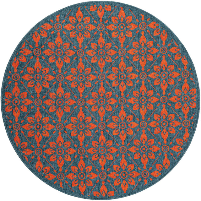Blue and Red 5' 1 x 5' 1 Outdoor Trellis Round Area Rug Weather Resistant for Patio, Deck, Terrace, Balcony, Porch Geometric Design Water Safe Outside Carpet for Sale at Rug Engine