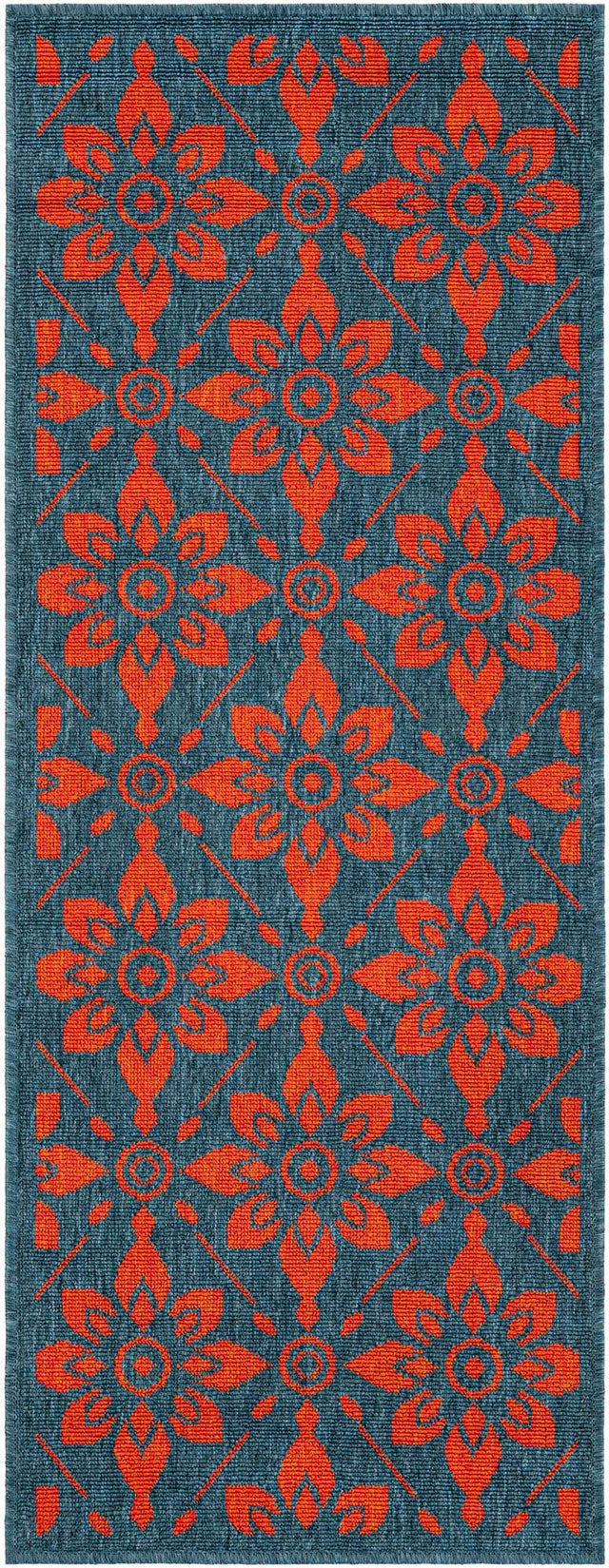 Blue and Red 2' x 5' 1 Outdoor Trellis Runner Area Rug Weather Resistant for Patio, Deck, Terrace, Balcony, Porch Geometric Design Water Safe Outside Carpet for Sale at Rug Engine