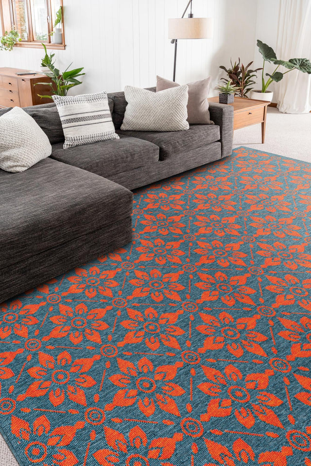 Blue and Red 4' 1 x 6' 1 Outdoor Trellis Rectangle Area Rug Weather Resistant for Patio, Deck, Terrace, Balcony, Porch Geometric Design Water Safe Outside Carpet for Sale at Rug Engine