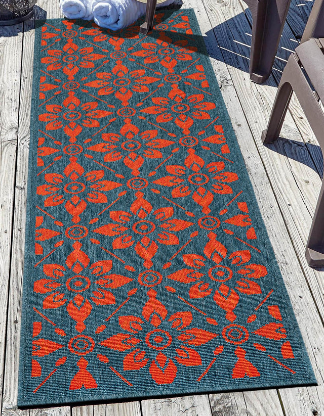 Blue and Red 2' x 8' Outdoor Trellis Runner Area Rug Weather Resistant for Patio, Deck, Terrace, Balcony, Porch Geometric Design Water Safe Outside Carpet for Sale at Rug Engine
