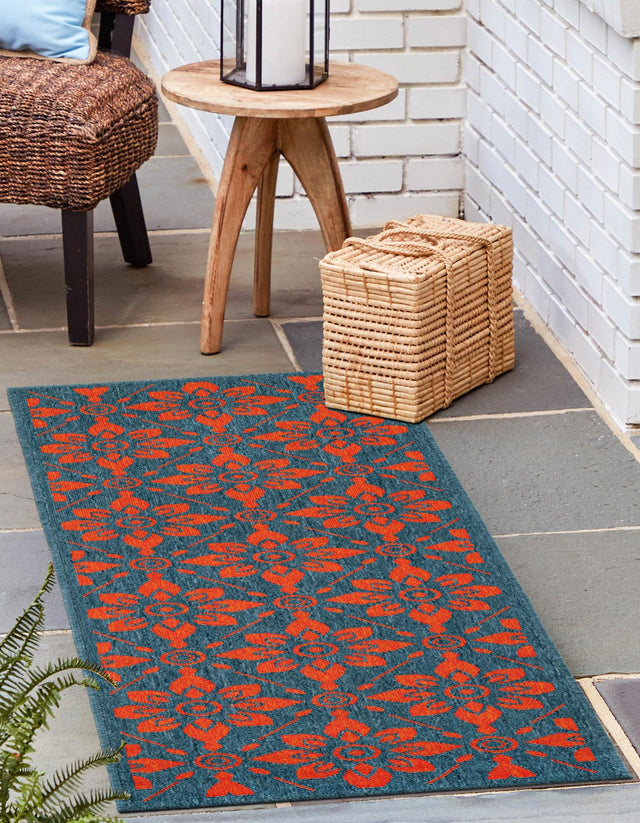 Blue and Red 2' x 8' Outdoor Trellis Runner Area Rug Weather Resistant for Patio, Deck, Terrace, Balcony, Porch Geometric Design Water Safe Outside Carpet for Sale at Rug Engine