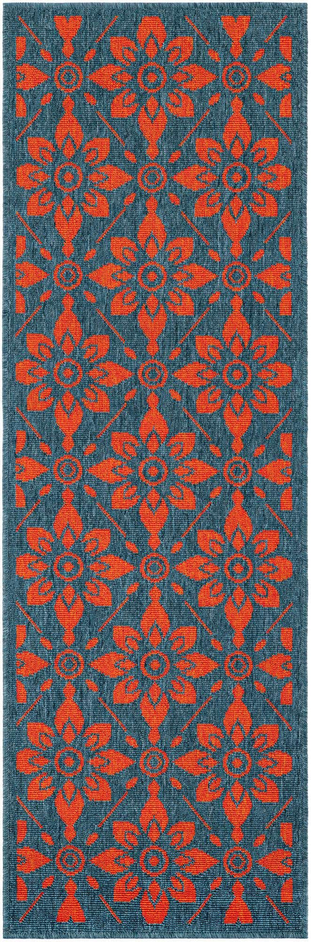 Blue and Red 2' x 6' 1 Outdoor Trellis Runner Area Rug Weather Resistant for Patio, Deck, Terrace, Balcony, Porch Geometric Design Water Safe Outside Carpet for Sale at Rug Engine