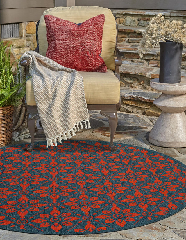 Blue and Red 4' 1 x 4' 1 Outdoor Trellis Round Area Rug Weather Resistant for Patio, Deck, Terrace, Balcony, Porch Geometric Design Water Safe Outside Carpet for Sale at Rug Engine