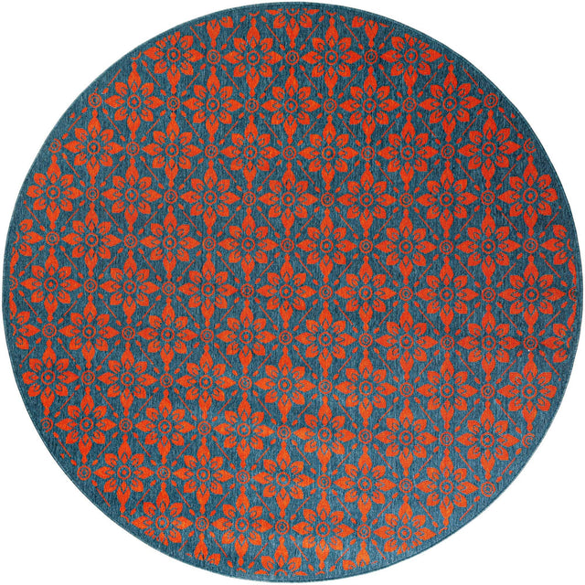 Blue and Red 7' 10 x 7' 10 Outdoor Trellis Round Area Rug Weather Resistant for Patio, Deck, Terrace, Balcony, Porch Geometric Design Water Safe Outside Carpet for Sale at Rug Engine