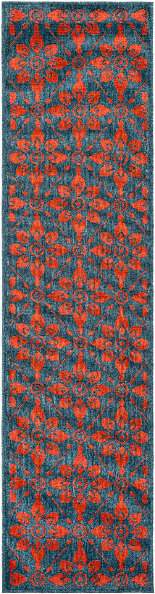 Blue and Red 2' x 8' Outdoor Trellis Runner Area Rug Weather Resistant for Patio, Deck, Terrace, Balcony, Porch Geometric Design Water Safe Outside Carpet for Sale at Rug Engine