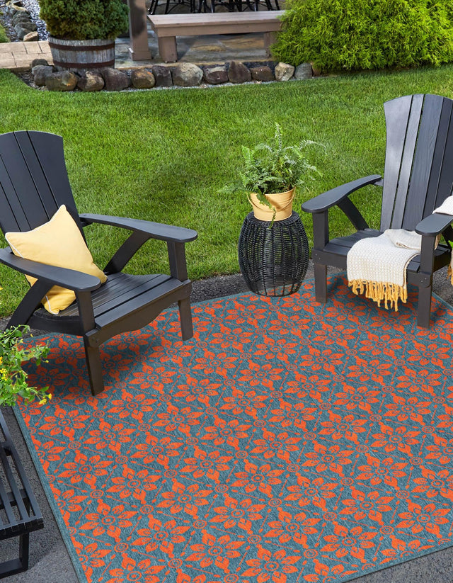 Blue and Red 7' 10 x 7' 10 Outdoor Trellis Square Area Rug Weather Resistant for Patio, Deck, Terrace, Balcony, Porch Geometric Design Water Safe Outside Carpet for Sale at Rug Engine