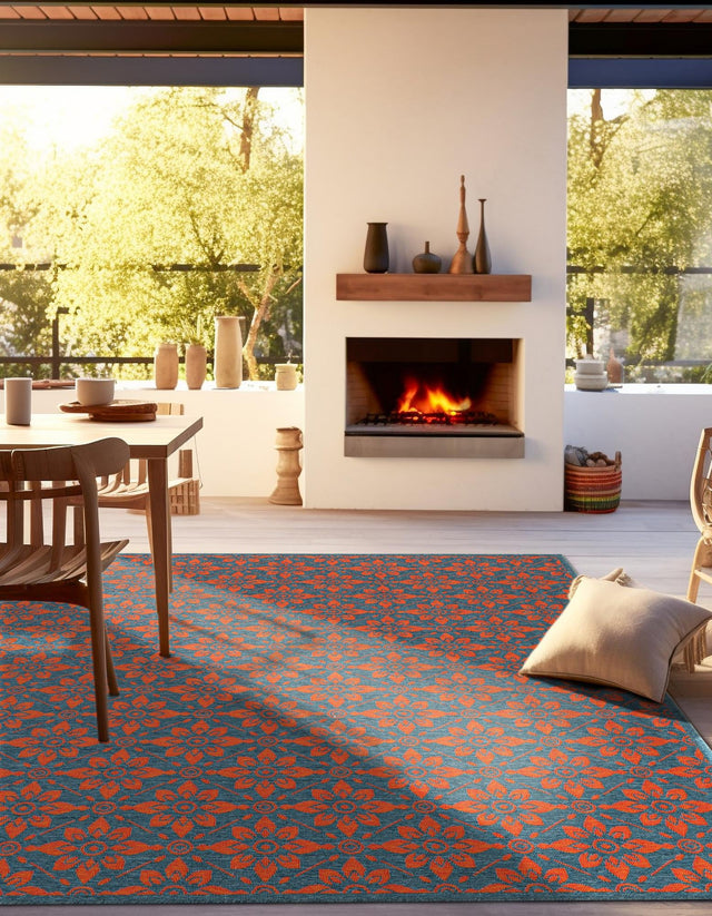 Blue and Red 7' 10 x 7' 10 Outdoor Trellis Square Area Rug Weather Resistant for Patio, Deck, Terrace, Balcony, Porch Geometric Design Water Safe Outside Carpet for Sale at Rug Engine